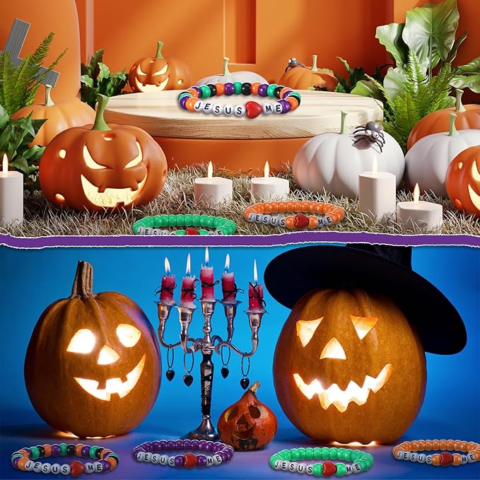 Ferreve 35 Sets Halloween Religious Bead Wristband Craft Kit Jesus Love Me Faith DIY Bead Craft Kit Love Letter Charms for Vbs Week Christian Bible Verse Gifts Making
