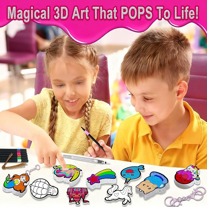 skyenchant 3d foam painting kit for kids, diy aqua puffing art to inflate, creative gift for girls & boys ages 4-10, christmas birthday travel present（princesses & unicorns）