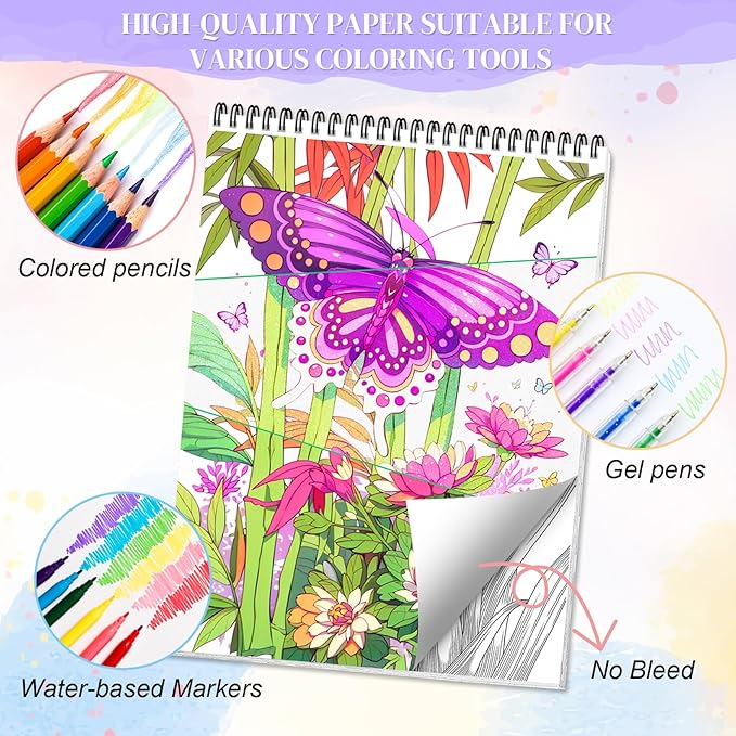 Hardback Covers Thick Paper Adult Coloring Book for Women Relaxation, Spiral Bound Coloring Book Hand-Drawn Design with 50 Pages, Mindfulness Gifts for Women to Relax - Garden Whispers