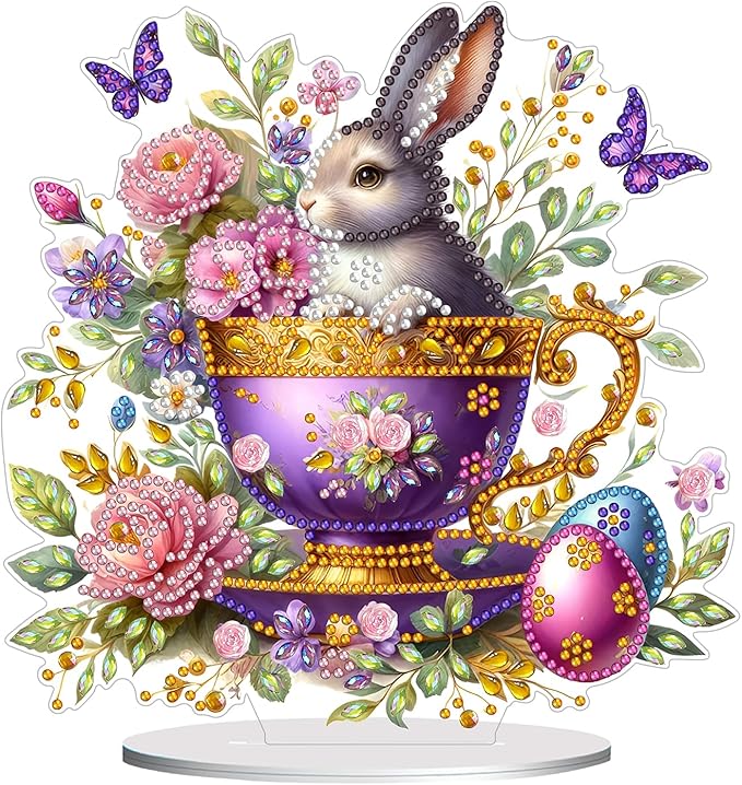 DIY Dot Diamond Desktop Easter Creative Ornaments Diamond Art Painting by Number Embroidery Arts and Crafts Easter for Home Office Garden Decoration (Single Side Dot Diamond)-#01-Teacup Bunny