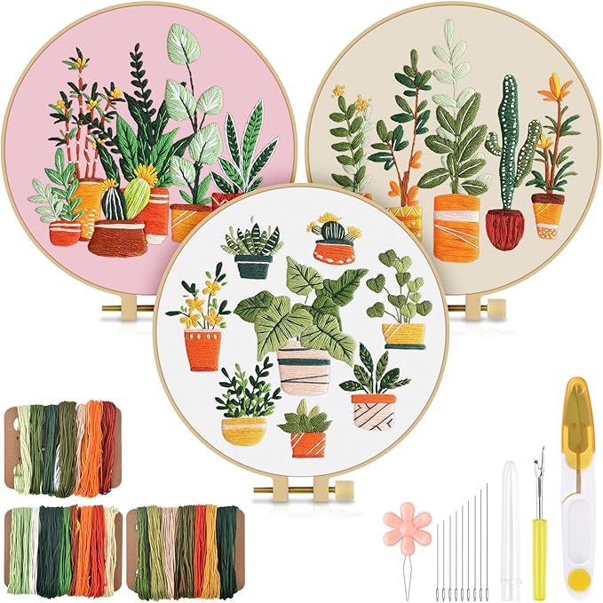 TINDTOP 3 Pack Embroidery Kit for Adult, Embroidery DIY Starter Kit, with Stamped Patterns, Hoop, Tools, Colorful Threads with Needles, Instructions