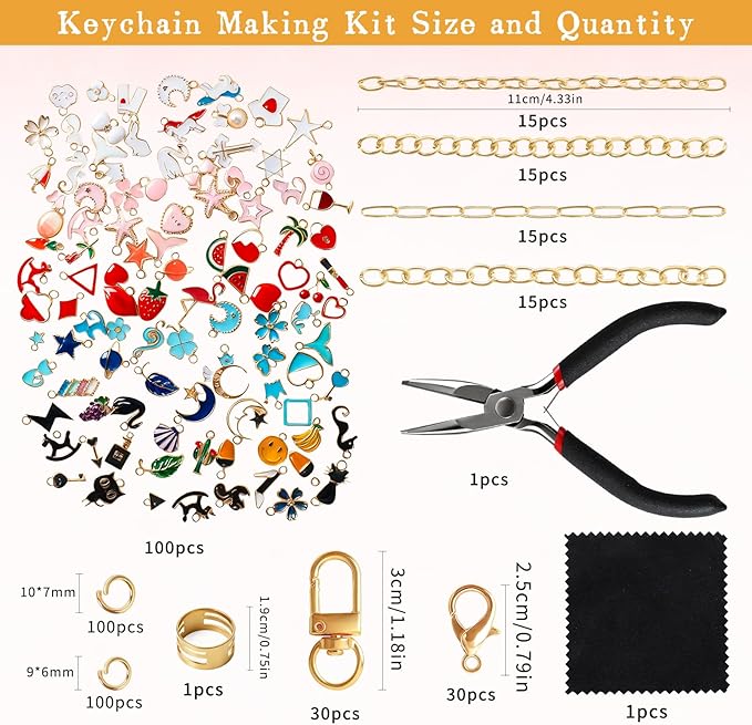 SUTROMA 423Pcs Lip Gloss Charm Keychain Kit - Including 100 Charms 60 Keychain Clip 30 Extender Chains & Jewelry Plier - Bag Charm Kit - Jewelry Making Supplies for DIY Keychains (Kind1)