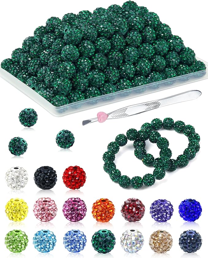 120PCS FIVEIZERO Rhinestone Beads for Jewelry Making, 10mm Emerald Shiny Round Sparkle Crystal Clay Bead Bulk Sparkly Baseball Necklace Beads for Bracelets and DIY Crafts