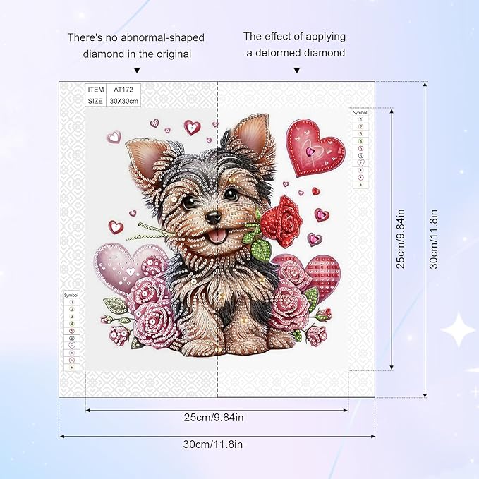 AiYuanzsh 5D Special Shape Diamond Art Kits for Adults, Valentine Puppy Diamond Painting Kit with Hearts and Roses, Crystal Rhinestone Diamond Art for Wall Decor Gift, 12×12 Inch