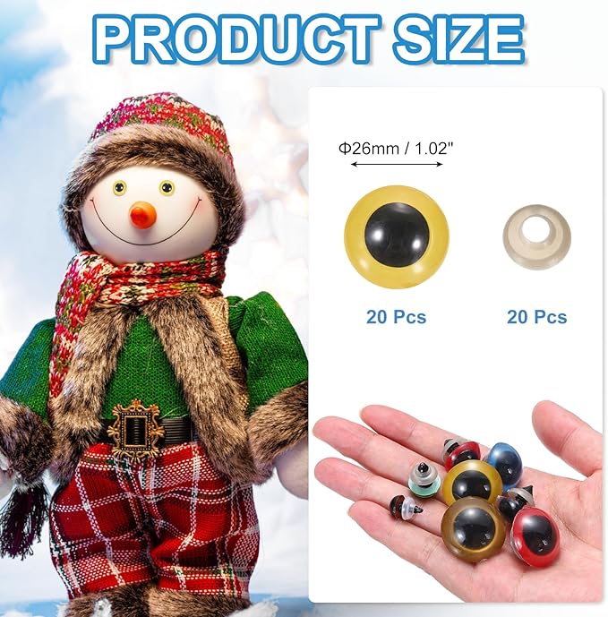 PATIKIL 26mm Safety Eyes, 20Pcs Realistic Doll Crocheting Safety Eyes with Washers for Decor Crochet Accessories Dolls Craft Halloween, Yellow