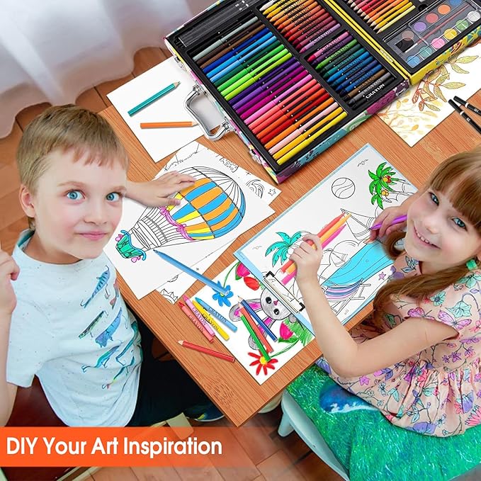 Art Supplies, 180 Pack Drawing Painting Set for Kids Girls Boys Teens, Coloring Art Kit Gift Case with Clipboard, Coloring Papers, Oil Pastels, Crayons, Colored Pencils, Watercolor Cakes, Markers