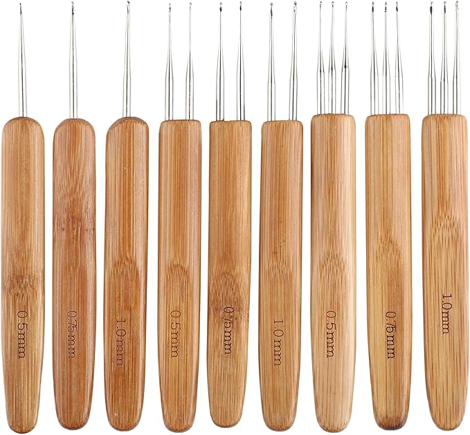 9Pcs Dreadlock Crochet Hook for Hair,Weaving Crochet Braid Hair Dreadlocks Needle for Braid Craft Bamboo Handle 0.5mm 0.75mm 1mm