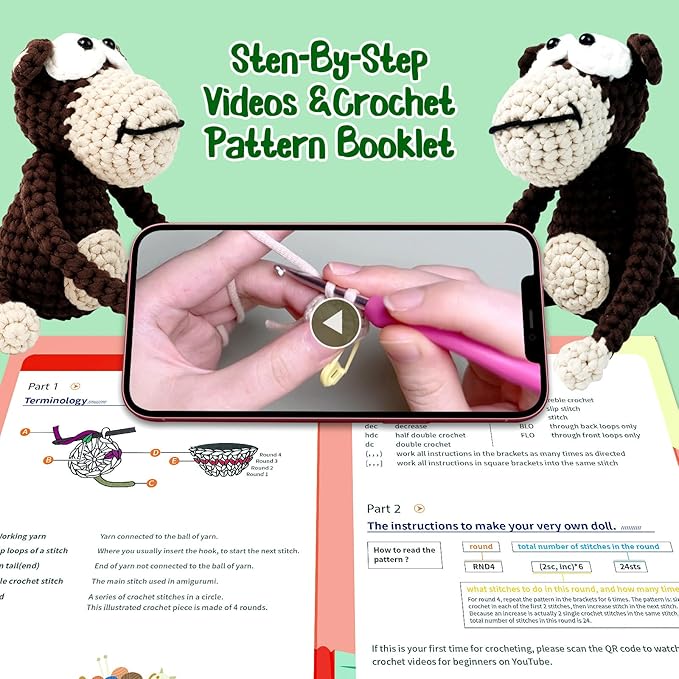 Kovarela Beginners Crochet Kit with Simple Crochet Yarn Yarn - with Step-by-Step Video Tutorials (Monkey)