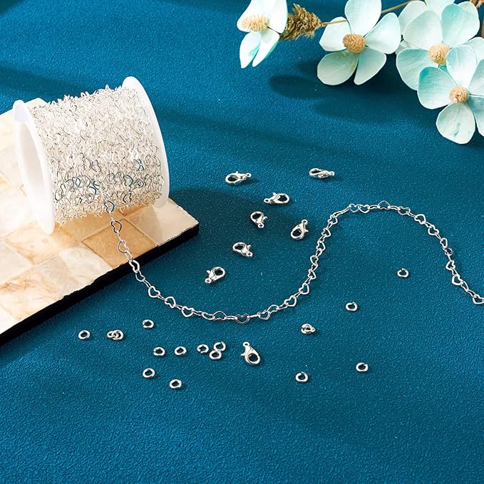 PH PandaHall 16.4 Feet Brass Heart Link Chains 18K White Gold Plated Heart Chains Soldered Jewelry Chains with 50Pcs Jump Rings Lobster Claw Clasps for Bracelet Necklace Jewelry Making