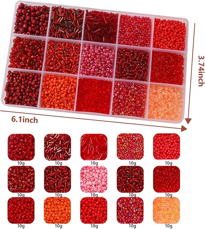 GTAAOY Mix 15 Color Glass Seed Beads, Glass Bugle Beads Tube Beads, Bracelet Bead Boards, Tweezers,Elastic Sting for Jewelry Making(Mix Size,Red)