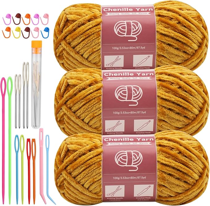 LUNARM 3 * 100g Chenille Yarn, Yarn for Crocheting Knitting with Big Eye Needles, Handcrafts Weaving Soft Chenille Yarn for Making Blankets, Clothes, Pattern Knitting Creations (Deep Yellow)