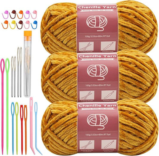 LUNARM 3 * 100g Chenille Yarn, Yarn for Crocheting Knitting with Big Eye Needles, Handcrafts Weaving Soft Chenille Yarn for Making Blankets, Clothes, Pattern Knitting Creations (Deep Yellow)