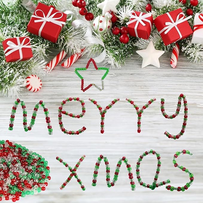 Christmas Beads 2400 Pcs，Christmas Pony Beads,Glitter Pony Bead Bulk for Necklace Bracelets Earrings Jewelry Making Party Decoration Supplies DIY Craft