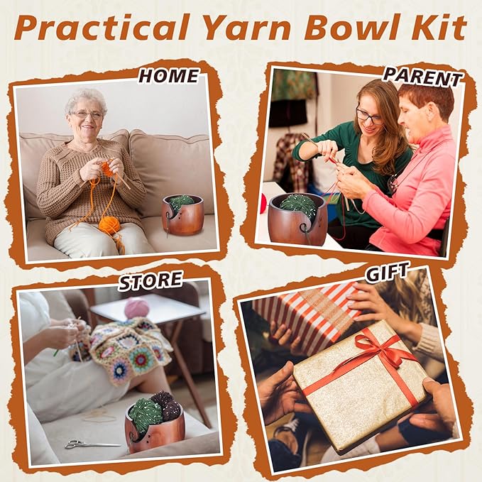 Patelai 6.7 x 6.7 x 4.7 Inch Wooden Yarn Bowl Crocheting Round Knitting Wool Storage Yarn Bowl Handmade with Holes 12 Pieces Crochet Hooks for Knitting DIY Crafts Tools (Dark Brown)