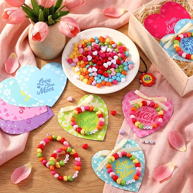 Kigeli 24 Pcs Mother's Day Craft Jewelry Bracelet Making Kit with Heart Beads, Mom Letter Beads, Organza Bags, Ribbon, Elastic Cord & Cards for DIY Bracelets