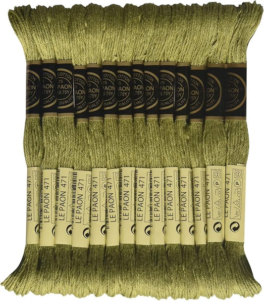 LE PAON Embroidery Floss, 14-Pack Six Strands 100% Long Staple Cotton Embroidery Thread, 8.7-Yard，Color Number：471, Very Light Avocado Green