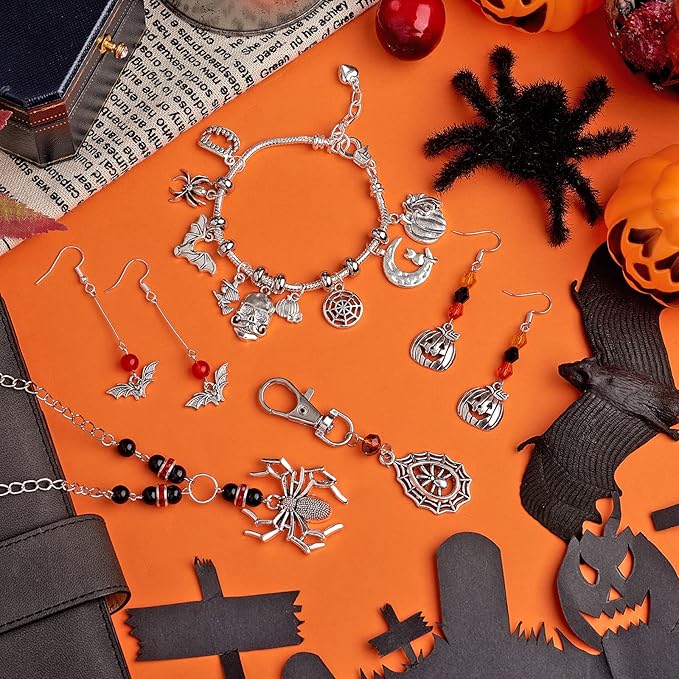 WEWAYSMILE 80Pcs Halloween Charm Pendant Antique Silver Bat, Spider Witch, Skull Mixed BulK Halloween Charm for Jewelry Making DIY Necklace Bracelet Earring Accessories