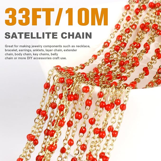 33 Feet Gold Enamel Chains Bulk, 2mm 18K Gold PVD Plated 304 Stainless Steel Red Enamel Beaded Cable Link Chain Roll Spool for Jewelry Making
