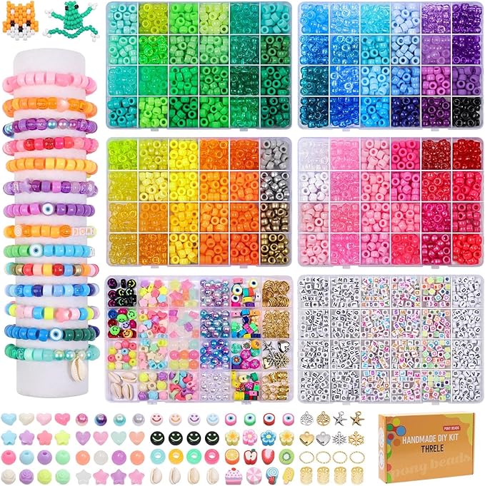 THRELE 4000pcs Pony Beads Friendship Bracelet Making Kit Included 96 Colors Kandi Bead,Letter Beads,Beads for Bracelet Making Kit DIY Crafts