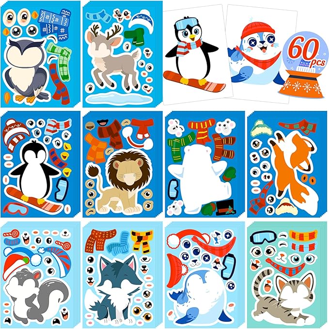 60sheets winter animal stickers crafts bulk, christmas make- a- penguin/fox/owl/reindeer face sticker holiday gifts goodie bag stuffer activity games party favors(small size)