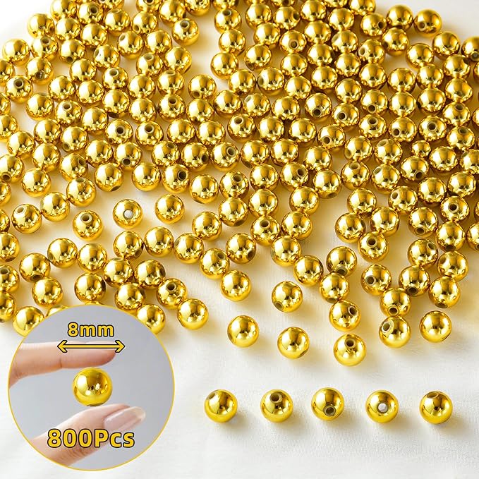 Laopottbeads 800 Pcs Gold 8MM Beads for Jewelry Making Round Beads DIY Kit for Bracelets, Earrings, Necklaces & Anklets