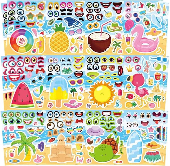 24 sheets summer make a face sticker for kids, hawaii tropical pool beach stickers, make your own sticker with pineapple flamingo beverage, summer holiday party favors