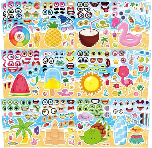 24 sheets summer make a face sticker for kids, hawaii tropical pool beach stickers, make your own sticker with pineapple flamingo beverage, summer holiday party favors