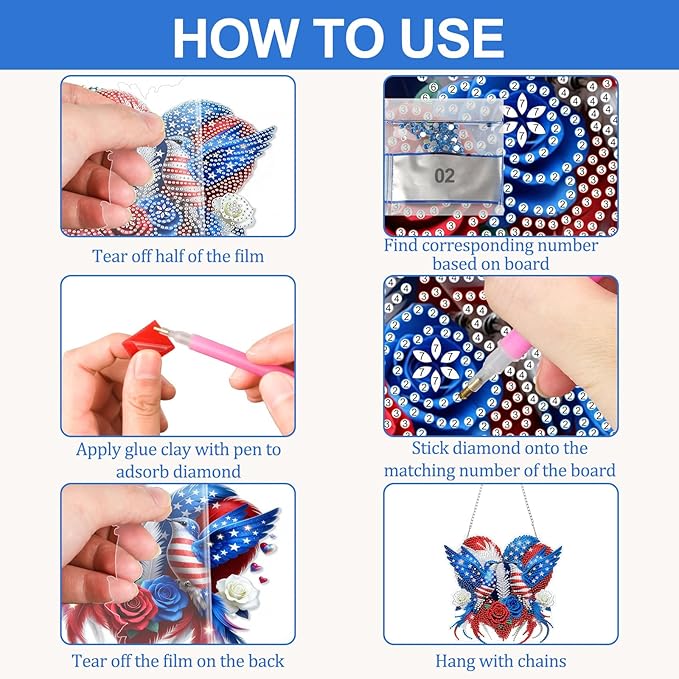 CEOVR 4th of July Hanging Diamond Art for Adults, Independence Day Hummingbird Diamond Painting Pendant DIY Gem Art Wall Hanging Ornament, Acrylic Home Garden Decor with Chain, Box Kit 7.77×7.26inch