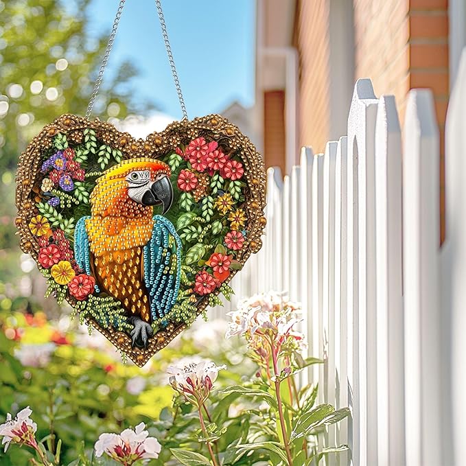 Wergund 5D DIY Parrot Diamond Art Hanging Kits, Hanging Diamond Art Animal, Acrylic Special Shaped Rhinestone, Window Hanging Pendants for Home Wall Garden Front Door Outdoor Decor Gift(Parrot)