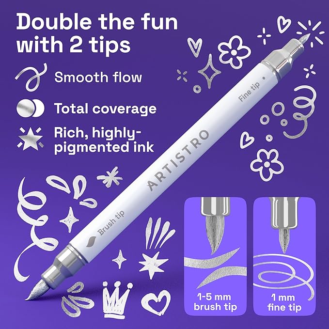 ARTISTRO 5 Silver Acrylic Paint Markers - Paint Pens for Drawing, Brush + Fine Tips - For Fabric, Rock, Glass, Wood, DIY, Eggs - Art & Craft Supplies for Adults, Teens, Kids - Easter Basket Stuffers