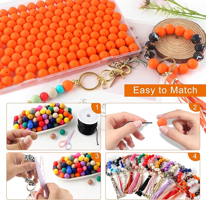 150Pcs 15mm Silicone Beads for Keychain Making Bracelet Necklace, Bulk Round Silicone Beads for Pens(Orange)
