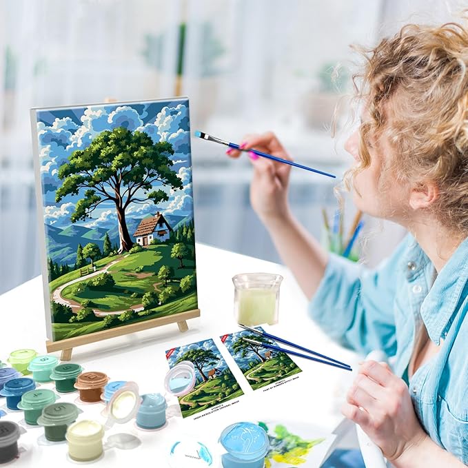 ATDMS Paint by Numbers Kit for Adults with Frame Landscape Paint by Number with Easel Tree Adult Paint by Number Kits Framed Canvas DIY Mountain Acrylic Oil Painting kits for Home Wall Decor 8x12 Inch