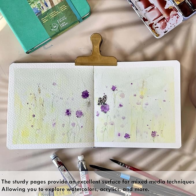 tumuarta Square Watercolor Journal, 5.5x5.5”, 140 LB, 300 GSM, Cotton Paper, Cold Press, 24 Sheets, 48 Pages, Watercolor Paper SketchBooks for Use As Mix Media Pad On The Go