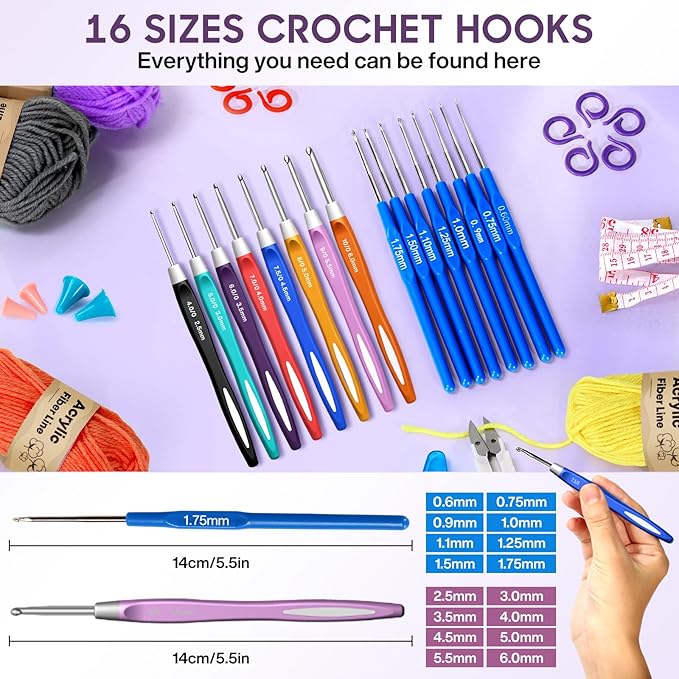 Crochet Kit, 1600 Yarns 35 Colors Acrylic Yarn Skeins, 53 PCS Crochet Hook Accessories and A Storage Bag, Yarn for Crocheting Suitable for Knitting, Knitting Kit Gift for Adult and Beginner, Purple