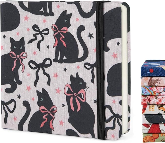 Handy Size 5 x 5 inches Sketch Book, 80GSM Acid Free Artistic Drawing Painting Writing Paper, Hardcover Cloth Cover Art Sketchbook,Journal Notebook.Bow Black Cat