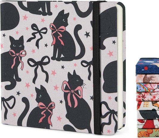 Handy Size 5 x 5 inches Sketch Book, 80GSM Acid Free Artistic Drawing Painting Writing Paper, Hardcover Cloth Cover Art Sketchbook,Journal Notebook.Bow Black Cat