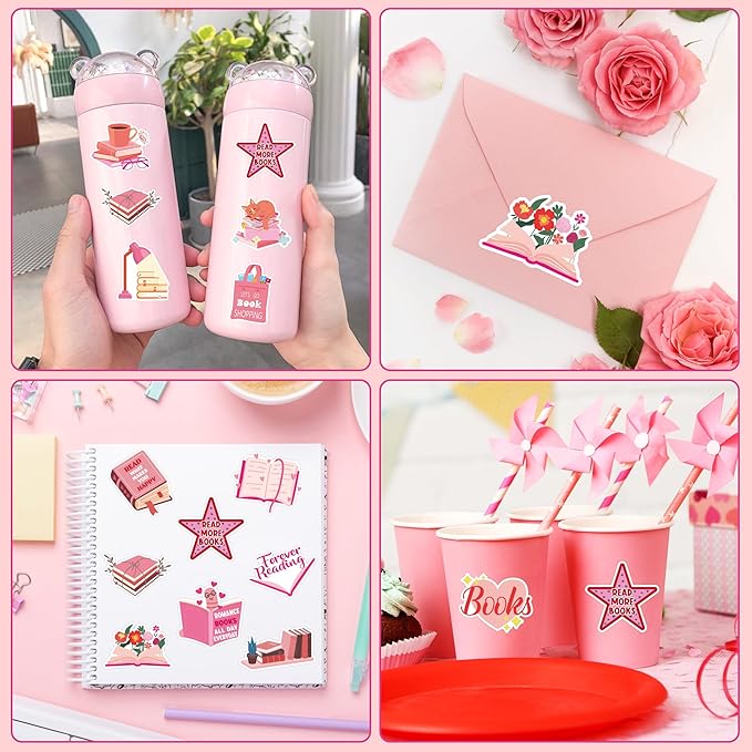 beyumi pink bookish sticker roll - 1000pcs pink bookish stickers in 2 rolls waterproof reading book aesthetic kindle decals gift laptop bottle scrapbook luggage envelope decor for kids girl book lover