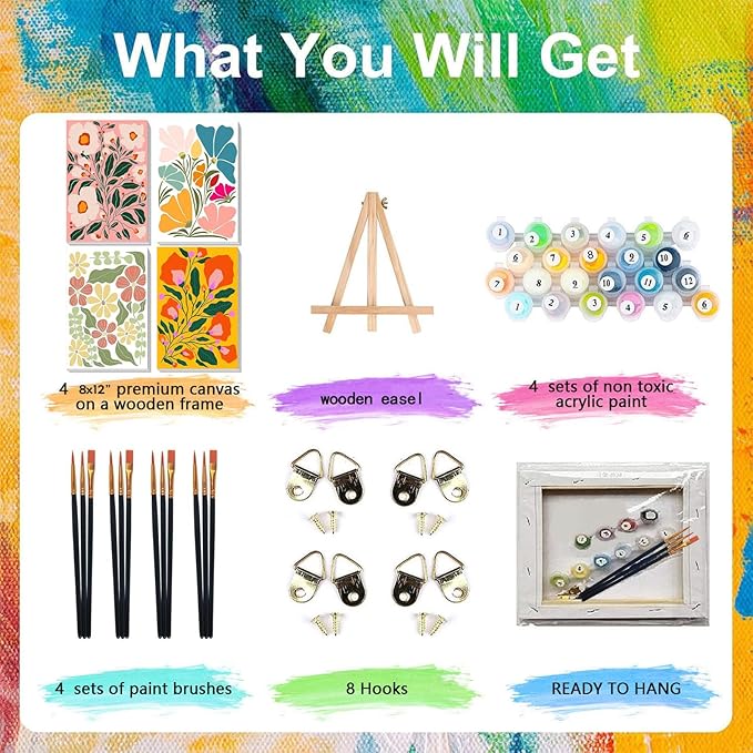 4 Pack Paint by Numbers for Adults with Framed Canvas - with Wooden Easel, Easy Flower Paint by Number for Beginners, Flowers Acrylic Oil Painting on Canvas with Brushes for Home Wall Decor 8x12 inch