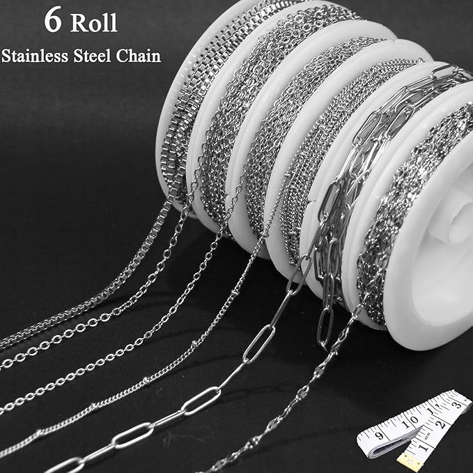 Stainless Steel Necklace Chain for Jewelry Making, 42.6 Feet 6 Roll Silver Necklace Jewelry Chains for DIY Necklaces Bracelets Keychain Craft Making Supplies with Jump Rings Lobster Clasp Connector
