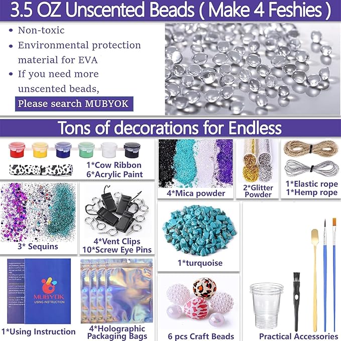 MUBYOK M139 57PCS Car Freshie Supplies Starter kit with Unscented Aroma Beads,Silicone Molds,Acrylic Paint,Mica Powder,Glitter and Accessories (Make 4 Freshies)