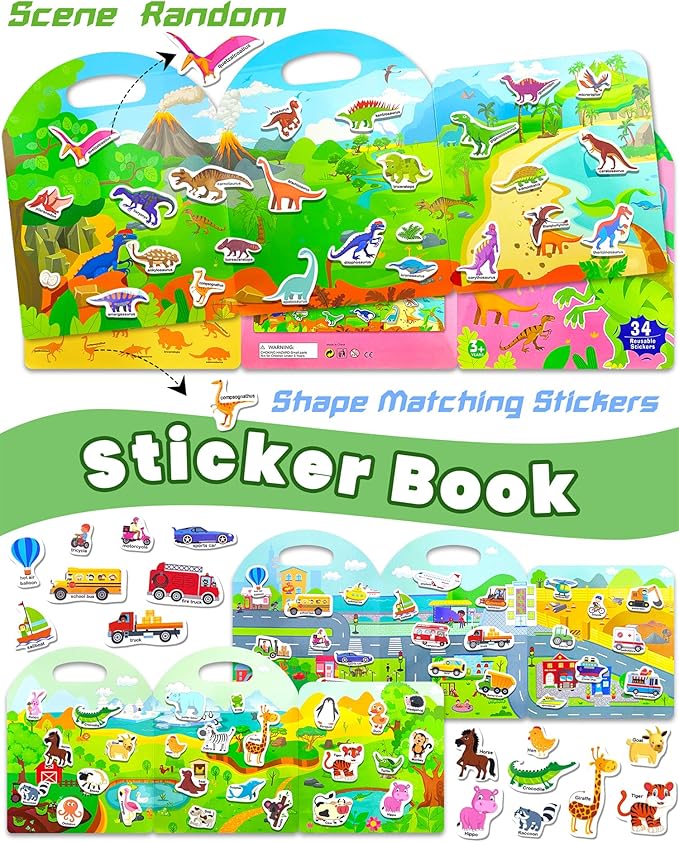 walenced reusable sticker book for toddlers, stickers for kids, toddler sticker book, toddler craft activities, toddler travel toys ages 3 and up boy girl birthday gifts