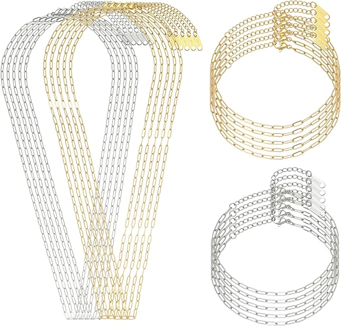 20 PCS Paperclip Chain Bracelet Necklace Kit Stainless Steel Charm Bulk Chains with Extender for DIY Jewelry Making Supplies Accessories (Gold + Steel