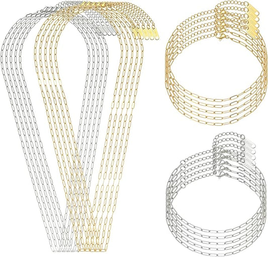 20 PCS Paperclip Chain Bracelet Necklace Kit Stainless Steel Charm Bulk Chains with Extender for DIY Jewelry Making Supplies Accessories (Gold + Steel