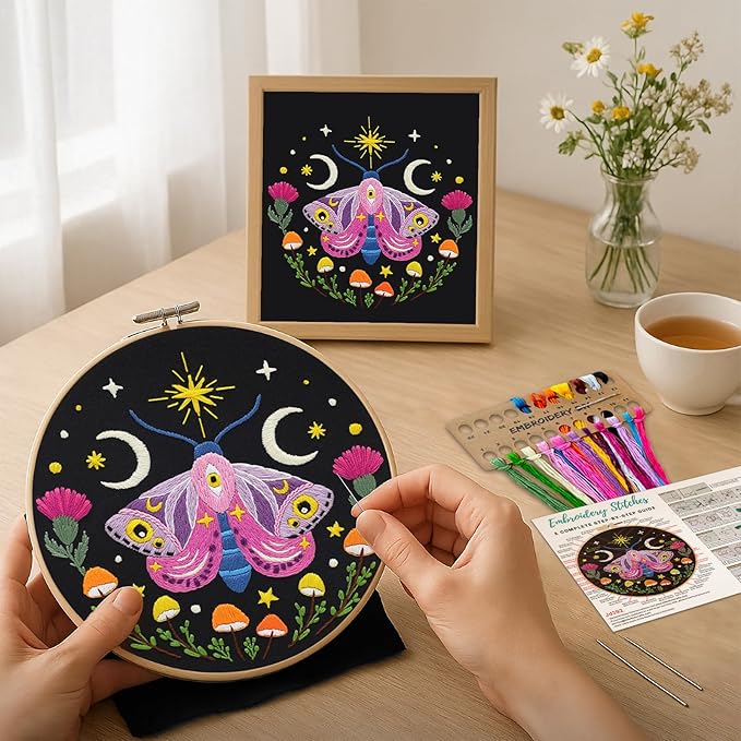Nuberlic Moth Embroidery Kit for Beginners -Easy Cross Stitch Kits- Complete Embroidery Starter Set with Hoop, Pre-Printed Fabric, Threads & Needles