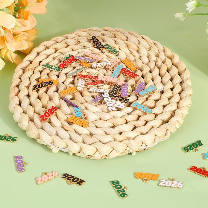 2026 Charms, 8 Colors Zinc Alloy 2026 Year Charms for Crafts New Year Graduation Tassel for Craft DIY Jewelry Making Party Decoration