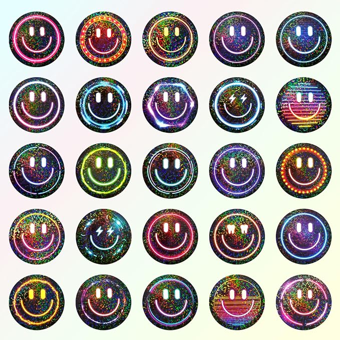 wercokt 50pcs smiling glitter neon stickers, cute water bottle stickers for kids, for teaching rewards, notebooks, stationery, luggage, cartoon pvc happy glitter stickers