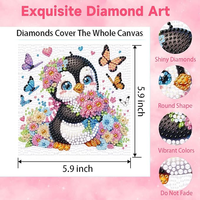 Arttoplus Penguin Diamond Art Kits for Kids 4-6-8-12 with Frame-Penguin Gem Art Kits for Kids,Animal Diamond Painting Kits with Frame for Gift Home Wall Decoration(7x7inch)