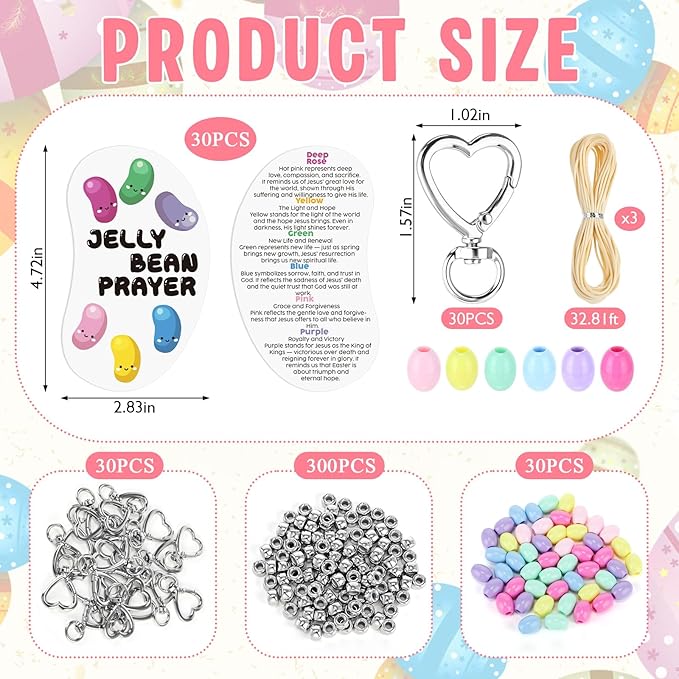 Equsion 423 Pcs/30 Sets Religious Easter Crafts Keychain Beads Making Kit with Jelly Bean Prayer Cards Colorful Beads for Easter Egg Filler Christian Church Sunday School Activities Party Favor Decor