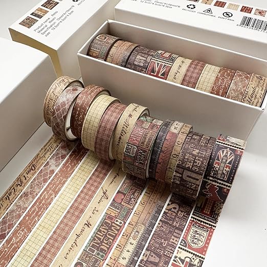 YUBBAEX 10 Rolls Vintage Washi Tape Set Basic Masking Retro Artwork Decorative Tapes for Arts, DIY Crafts, Journals, Planners, Scrapbook, Wrapping (Retro)