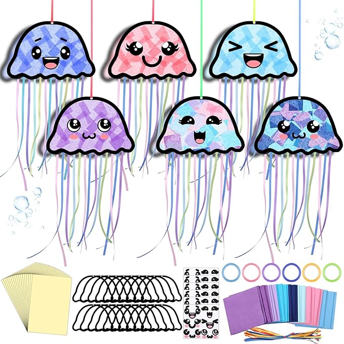 Yaomiao 30 Set Jellyfish Suncatchers Paper Crafts Summer Kit DIY Jellyfish Shaped Stained Glass Effect Tissue Paper Hanging Suncatchers for Ocean Mermaid Under The Sea Birthday Party Favor